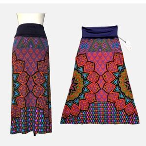 NWT Baba Design Italy Boho Mandala Patchwork Maxi Skirt Blue Orange Viscose OS